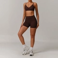 Women's dark brown yoga set with V-neck sports bra and high-waist slim fitness shorts - 8998 Bra + 8998 Shorts Jiao Cha Coffee