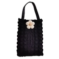 Detail of black bubble texture tote bag with a 3D white crochet flower decoration - Black Bubble Fabric-Beige Medium 5-Petal Flower