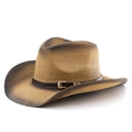 Sombrero de vaquero de paja trenzada con degradado marrón y cinta de cuero negro - M (56-58cm) / Caqui Café Degradado