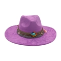 Cappello fedora viola a tesa larga con fascia etnica intrecciata e pietra turchese - Taglia unica / Viola