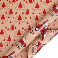 Retro brown Kraft gift wrap roll with Santa and red Christmas tree patterns, 10m length - Christmas Gifting / 43cm*10m