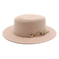 Beige flat top straw boater hat with leather strap and golden metal buckle for sun protection - M (56-58cm) / Pink