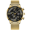 Men's business quartz watch with golden mesh strap, black dial, and calendar display - Gold Band Black Dial