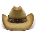 Straw western cowboy hat with floral embroidery band and vintage turquoise medallion - M (56-58cm) / Khaki