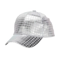 Detail of silver PU leather baseball cap featuring square grid texture and metallic finish - Silver