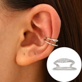 Silver double cuff earring with sparkling zircons for non-pierced ears on a model - White K - Staggered Double Layer Style (H-159)