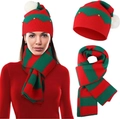 Ensemble bonnet et écharpe de lutin de Noël à rayures rouges et vertes avec pompon - Ensemble 2 Pièces Rouge et Vert