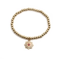 Bracciale di perle dorate con pendente a cuore stellato e zircone rosso - Cuore Rosso con Raggi di Stella / Oro