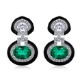 Boucles d'oreilles émeraude en argent S925 avec cadre géométrique en émail noir et halo - Pierre Principale Ovale
