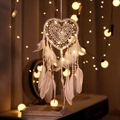 White lace heart dream catcher with LED lights and soft feathers for home decor - Heart With Lights / White