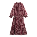 Retro ethnic style burgundy paisley long sleeve maxi dress with tiered hem and tie neck - XS / Brick Red