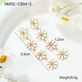 Detailed view of long gold daisy earrings with white enamel petals, length 5.9cm - White 4-Flower Earrings
