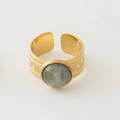Detailed view of vintage gold ring with Celtic knot patterns and central grey stone - Adjustable Open / Dark Gray