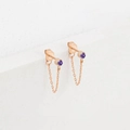 Rose gold stainless steel stud earrings featuring purple round crystals and chain tassels - February Violet - Rose Gold