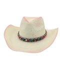Straw cowboy hat with pink gradient brim and colorful beaded band for summer beach - One Size (Gradient) / Creamy White with Windproof Rope (Ethnic Beads Decoration)