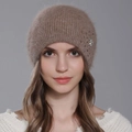 Women's taupe angora knit beanie with sparkling rhinestone flower detail and soft texture - Coffee
