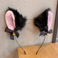 Black plush cat ear headband with pink inner ears, ribbon bows and small golden bells - Plush Bell Bow Cat Ears / Black