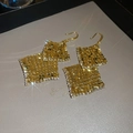 Golden mesh layered square drop earrings with sparkling rhinestones and metal fringe - 50# Ear Hook-Gold-Real Gold Plated