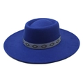 Royal blue wide brim wool fedora hat with geometric patterned ribbon on white background - M / Sapphire Blue