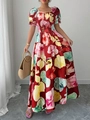 Detail view of red floral summer dress with puff sleeves and vibrant orchid print patterns - S / Red
