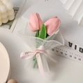 Handmade mini artificial pink tulip bouquet with white mesh wrap and pearl trim detail - PU / Pink Tulip