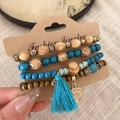Bohemian multilayer sandalwood bead bracelet set with blue tassel and tree of life charm - Light Blue
