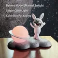 Pink moon night light with astronaut rabbit figure on grey lunar base, battery powered - Silver B-Style Rabbit - Battery Version (No.10)