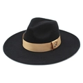 Detail of a black wide brim wool fedora with gold satin ribbon and a small bee brooch - M (56-58cm) / Black