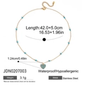 Detail shot of golden stainless steel necklace with blue stone heart pendant and sizing data - Heart Turquoise Pendant Style (JDN0207003)