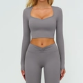 Ensemble yoga gris foncé haut court à manches longues et leggings taille haute croisés en V - S / Hauts / Gris Foncé