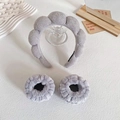 Grey plush spa headband and wristband set for face washing, 3 pieces soft sponge set - Gray