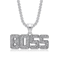 Collar hip hop con colgante BOSS plateado con diamantes y cadena de caja veneciana - Colgante Individual Color Plata