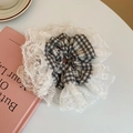 Oversized retro plaid scrunchie with layered white lace edges on a minimalist desk - Black White Gingham Lace (27#)
