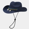 Navy blue straw sun hat with bohemian shell and tassel decor for summer beach holidays - One Size / Navy Blue