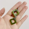 French vintage style 18k gold earrings with green marble resin square charms - Square Elegant Green (Silver Hoop)
