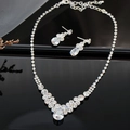 Sparkling teardrop zircon necklace and earrings set with polished silver finish on black - GS016 Simple Waterdrop Set / Silver