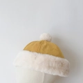 Ginger yellow suede winter beanie for kids with white faux fur trim and pompom detail - 49-52CM (Suggested 2-6 Years) / Yellow