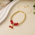 Fashionable red cherry charm bracelet with gold beads and adjustable woven cord strap - Heart Shape Cherry Pendant (E000446YS)