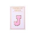 Detail of pink chenille letter J patch with gold glitter edge and peel and stick adhesive - Letter J