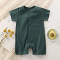 Short sleeve dark green cotton ribbed baby romper with front buttons and chest pocket - 66CM / Dark Green