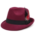 Detail view of burgundy Fedora wool hat with black ribbon and colorful feather accent - M (56-58cm) / Burgundy