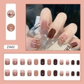 French style coffee and pink press-on nails set with elegant pearls and plaid pattern - Z442 Elegant Lattice
