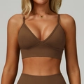 Seamless brown V-neck sports bra with thin double straps and ribbed texture for fitness - Dark Coffee
