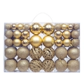 Golden Christmas ball ornament set with shiny, matte and glitter hollow designs in a box - 100pcs Pack / Gold