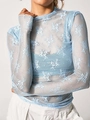 Haut bleu clair transparent en maille à manches longues et motifs de dentelle - S / Bleu