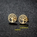 Minimalist stainless steel circular Tree of Life stud earrings in golden finish - Tree of Life (073) / Gold