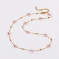 Golden beaded necklace featuring delicate pink flower charms with adjustable lobster clasp - Light Pink-Necklace