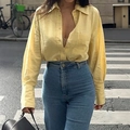 Pale yellow long-sleeve casual shirt paired with high-waist blue denim jeans - S / Yellow