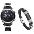 Gros plan sur la montre à quartz Mulilai pour hommes et son bracelet tressé assorti - Cadran Noir + Bracelet à Boucle Noire