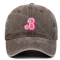 Detailed shot of pink letter B towel embroidery on vintage washed cotton baseball cap - Adjustable / Coffee